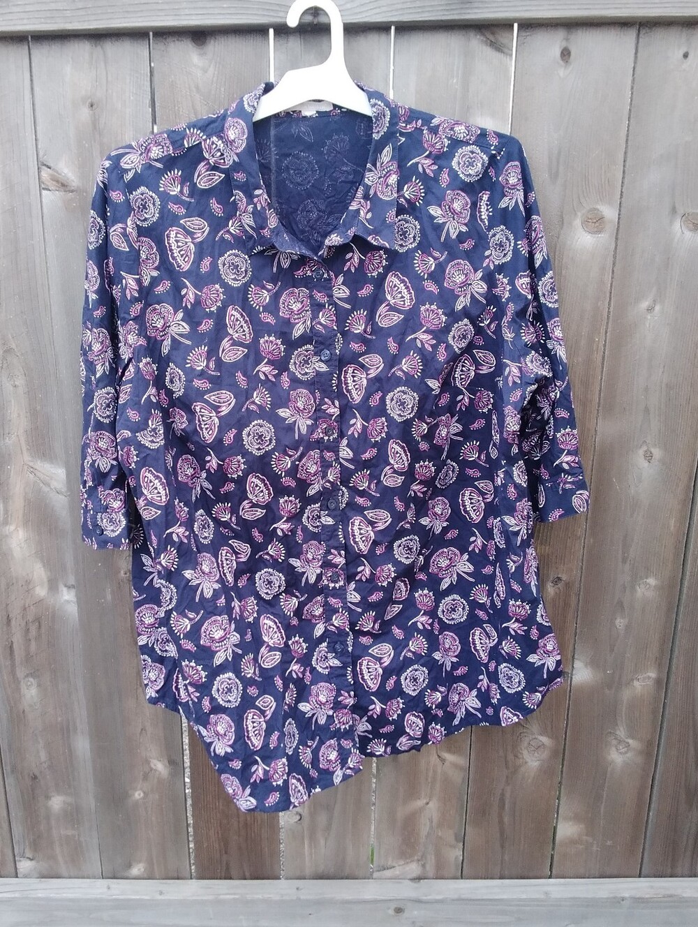Woman Within Blouse Top Shirt 26W/28W Pink Navy Floral Cotton Button Front